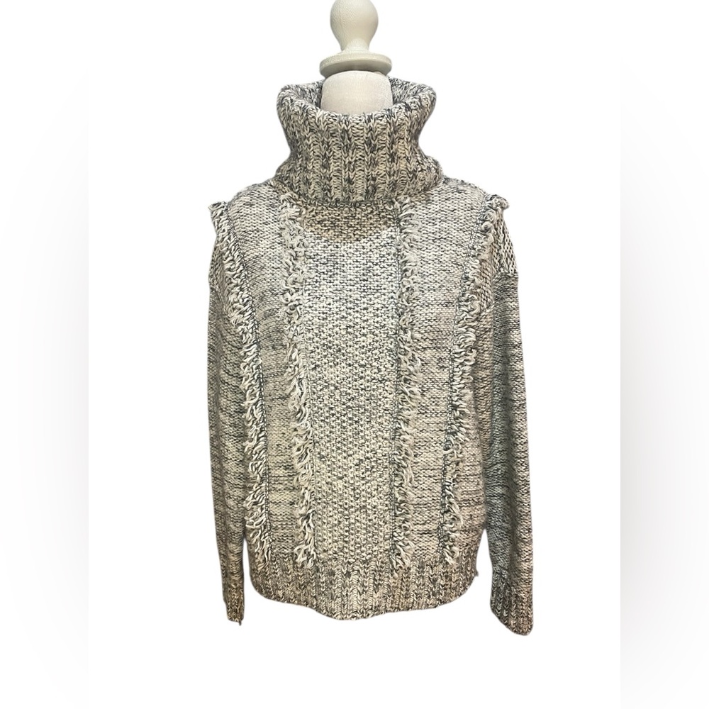 LOU & GREY  for Loft Marled Knit Grey Fringe Turtleneck Sweater